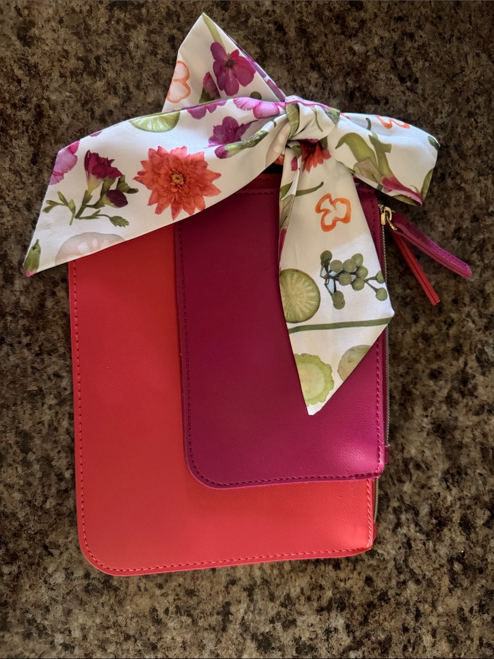 Two-Tone Pink Set of cosmetic Bags with Floral Scarf
